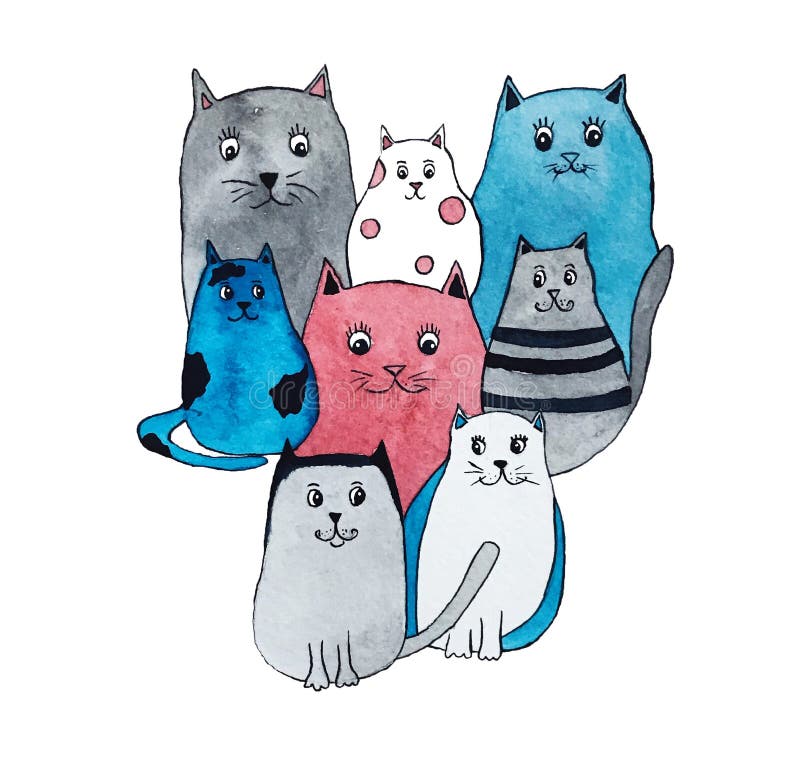 Watercolor illustration of bright cute cats.