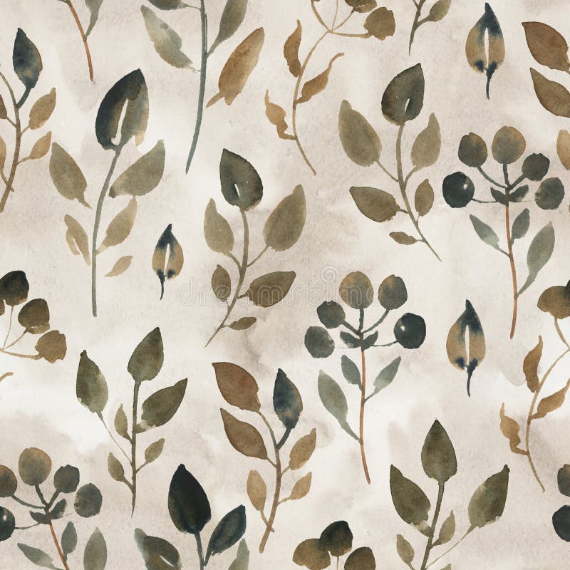 Watercolor illustration of brown simple leaves. Seamless pattern of dried leaves on beige background