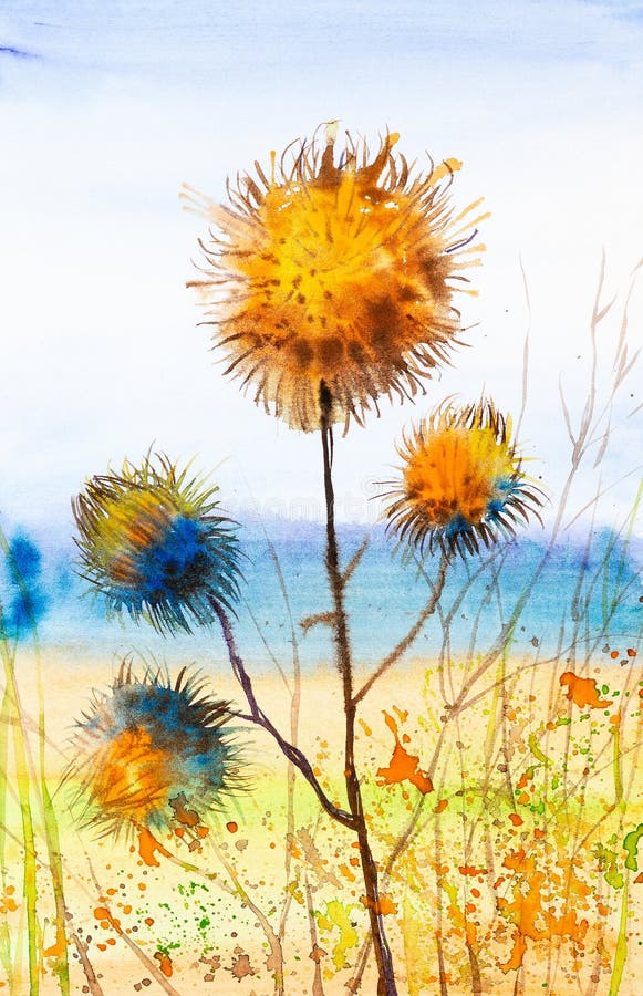 Watercolor illustration of burdock close-up in the natural environment in the field