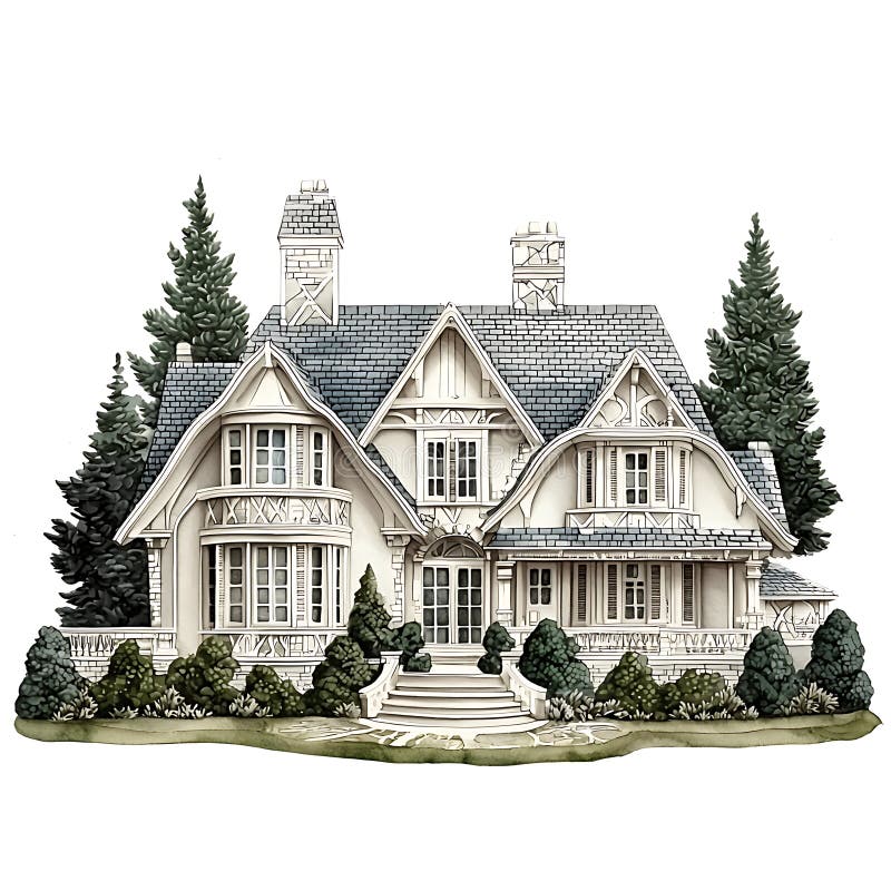 Watercolor Illustration of a Charming White House with Gabled Roof vektor illustrationer