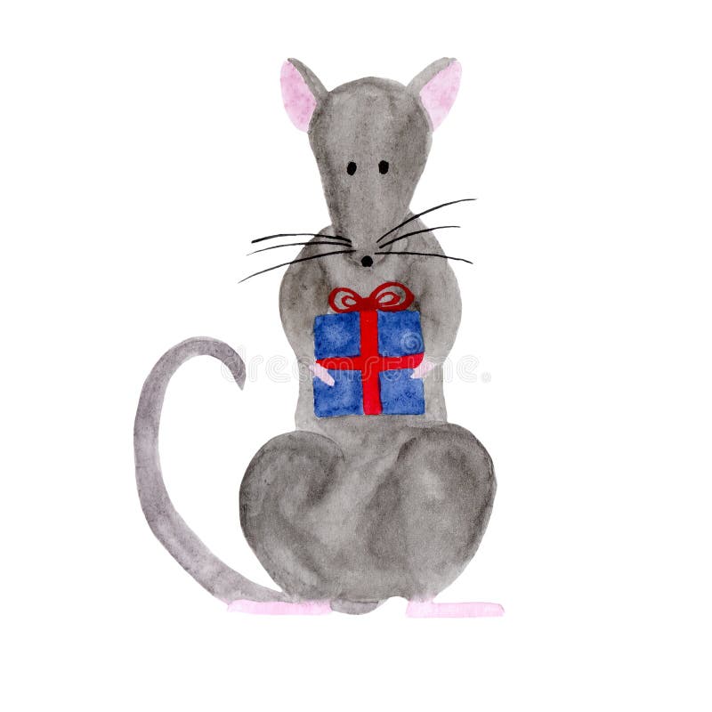 Watercolor illustration of Christmas rat holding a gift box vector illustration Watercolor illustration of Christmas rat holding a gift box vector illustration