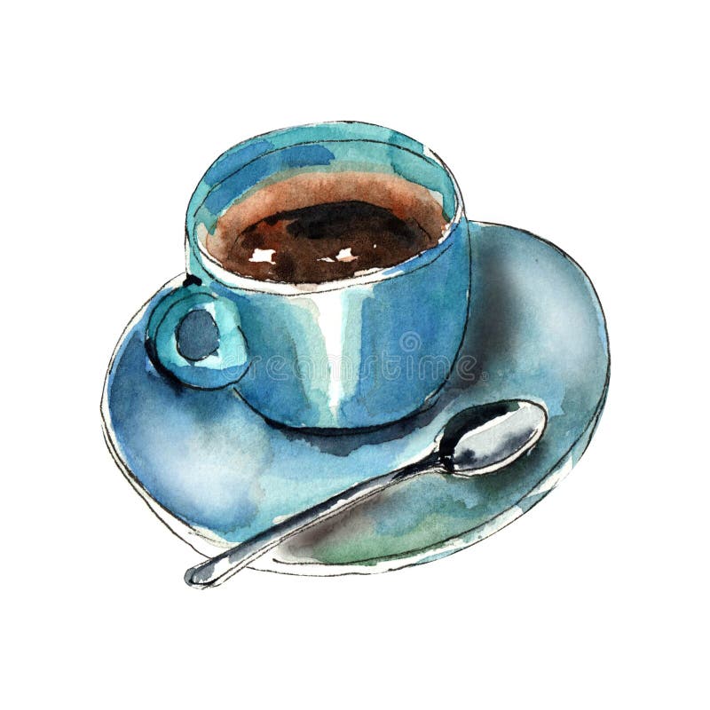 Watercolor illustration.Coffee Cup with saucer and spoon on a wooden table. coffee in a blue Cup.Isolated on a white background