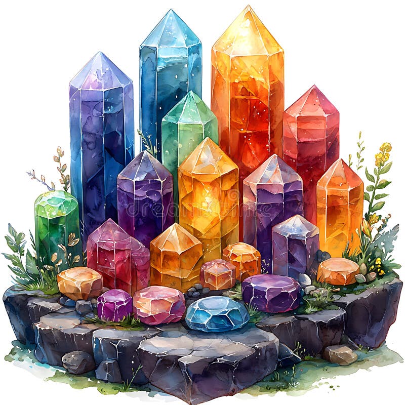 Watercolor illustration of colorful crystals on rocks with foliage stock illustration