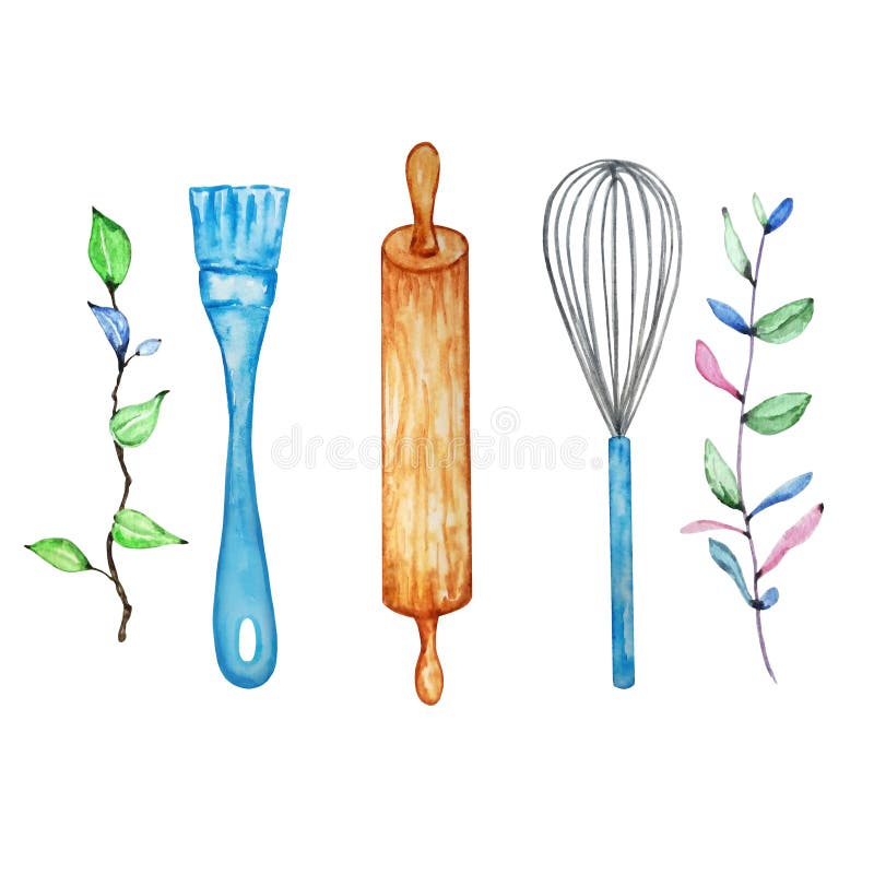 Watercolor illustration of a kitchen brush, rolling pin and whisk