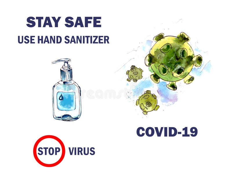 Watercolor illustration, coronavirus infection, medical hand antiseptic, image of the COVID 19 virus. isolated on a