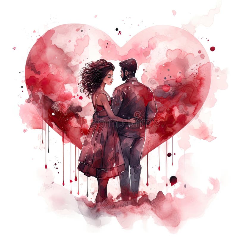 Watercolor illustration of a couple in love on a background of a heart