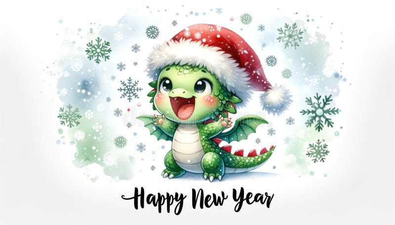 Watercolor illustration of cute baby dragon cartoon Happy New Year text on white background. New year 2024 symbol dragon festive