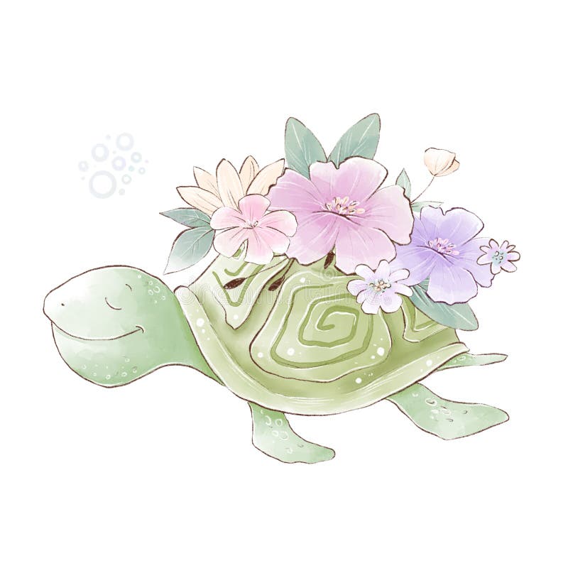 Watercolor illustration of a cute cartoon sea turtle with delicate flowers