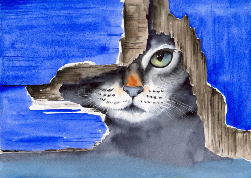 Watercolor illustration of a cute gray cat with a green eye