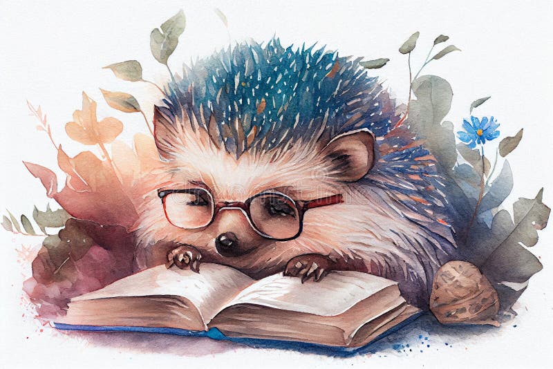 Watercolor Illustration of Cute Hedgehog Wearing Glasses, Reading in ...