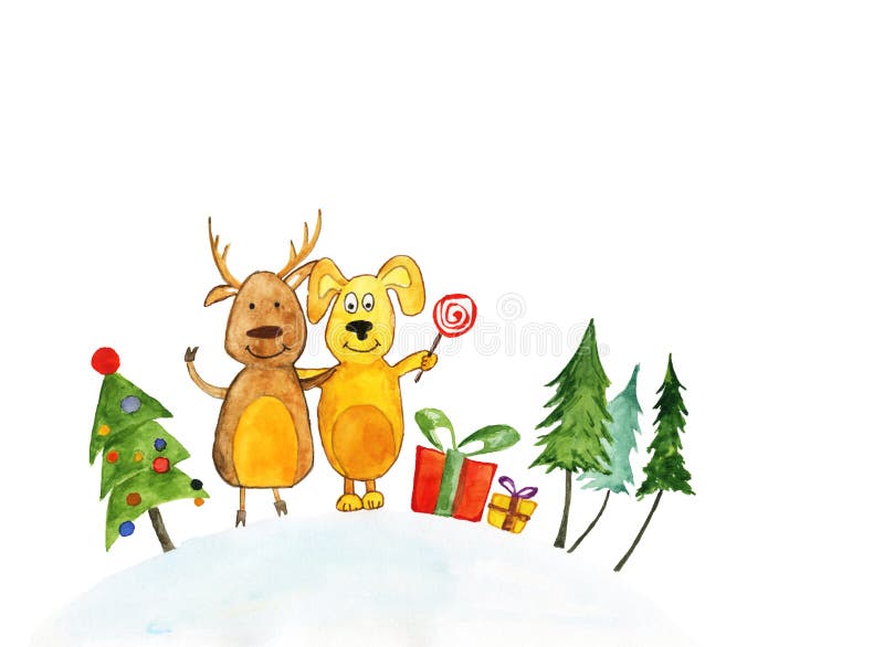 Watercolor illustration: A deer and dog near Christmas tree, present boxes