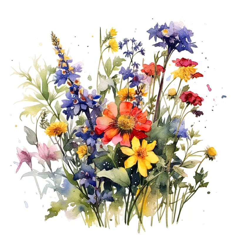 Watercolor illustration with different wild flowers. Meadow grass and flowers. Generative AI