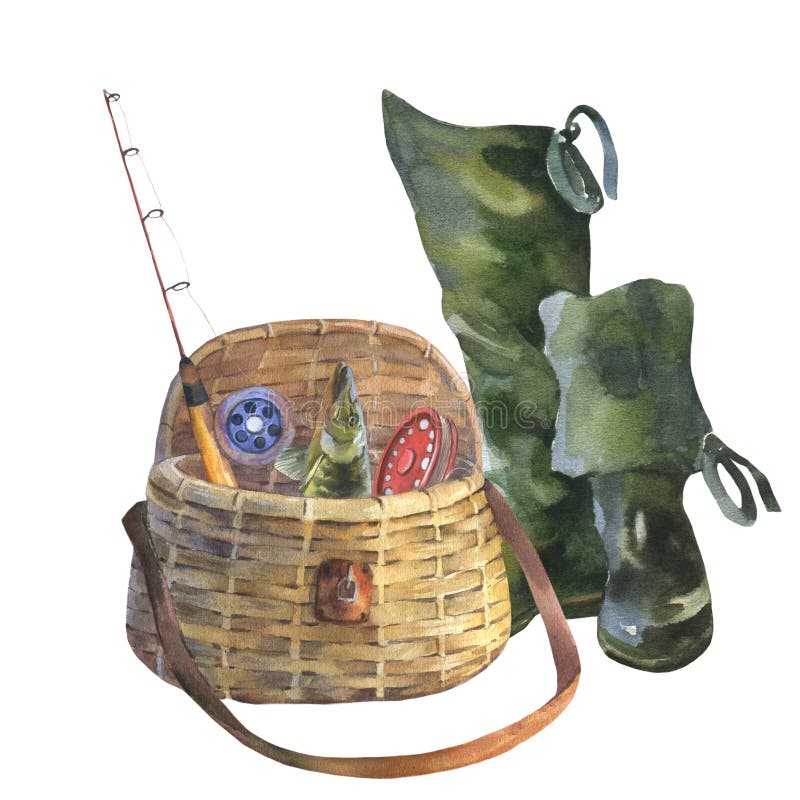 https://thumbs.dreamstime.com/b/watercolor-illustration-elements-equipment-fishing-creel-vest-hat-bag-rubber-boots-folding-chair-flashlight-vintage-275131276.jpg