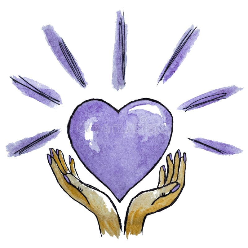 Watercolor illustration of female hands giving heart, isolated on white background. Purple and gold art with palms around a large