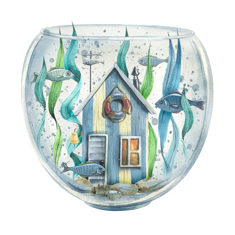 Watercolor illustration with a fishing sea house inside an aquarium. With algae, fish, pebbles, bubbles. For the design