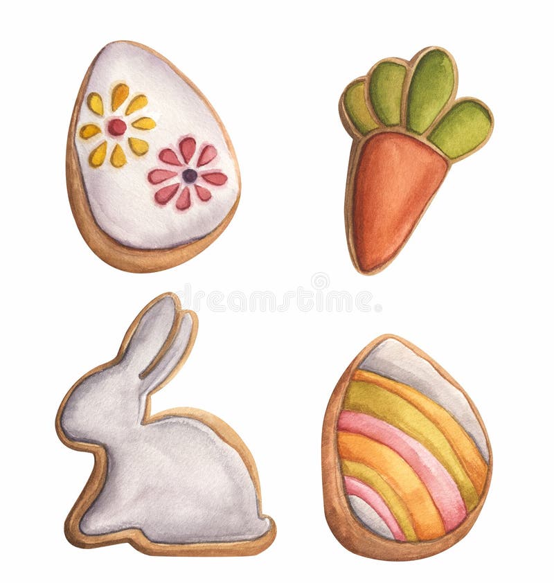 Watercolor illustration of 4 gingerbreads with glazing isolated on white background