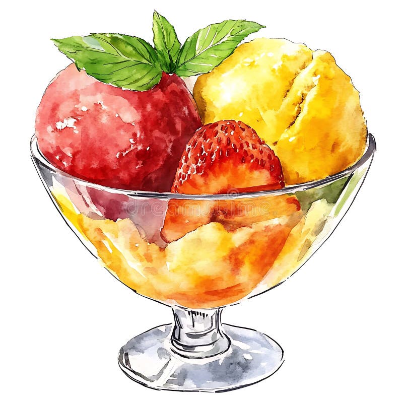 Watercolor illustration of a glass of ice cream with red and yellow scoops strawberry and mint leaf royalty free illustration
