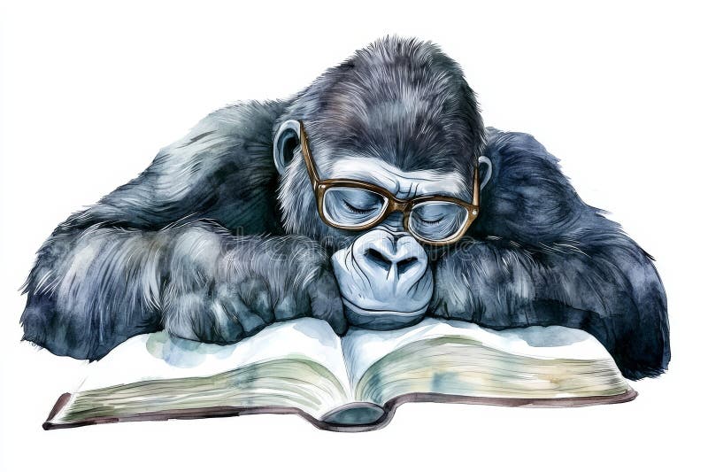 A Watercolor Illustration of a Gorilla Wearing Glasses and Reading a ...