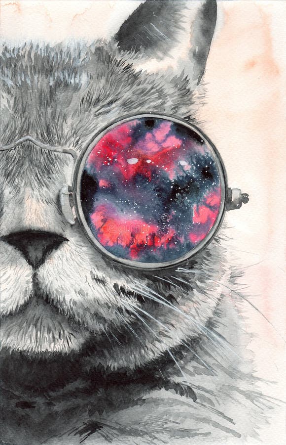 Watercolor illustration of a gray fluffy cat in round glasses reflecting the cosmic starry sky