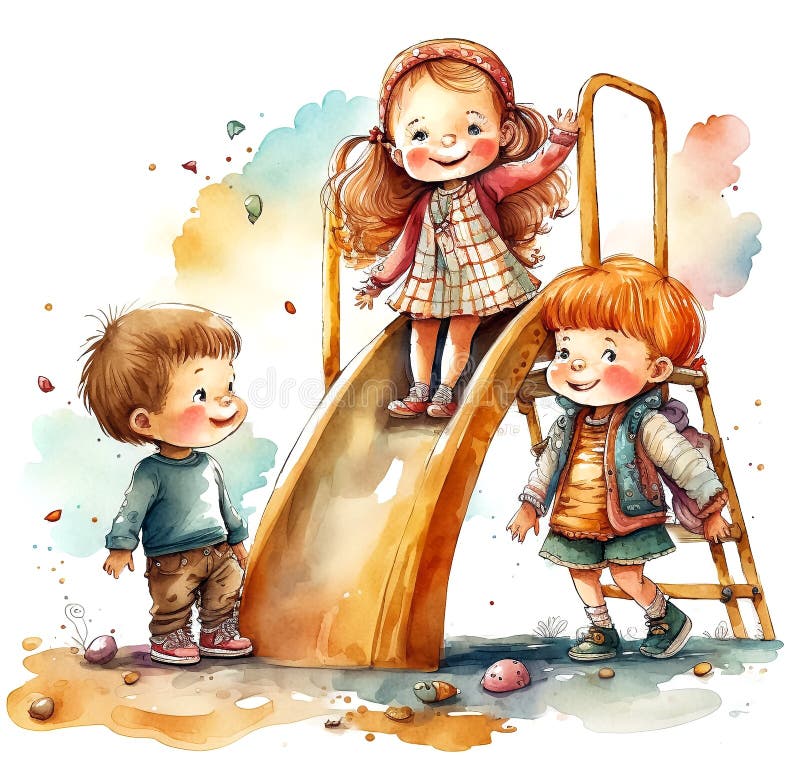 Watercolor illustration of a group of children playing on a slide. Digital painting