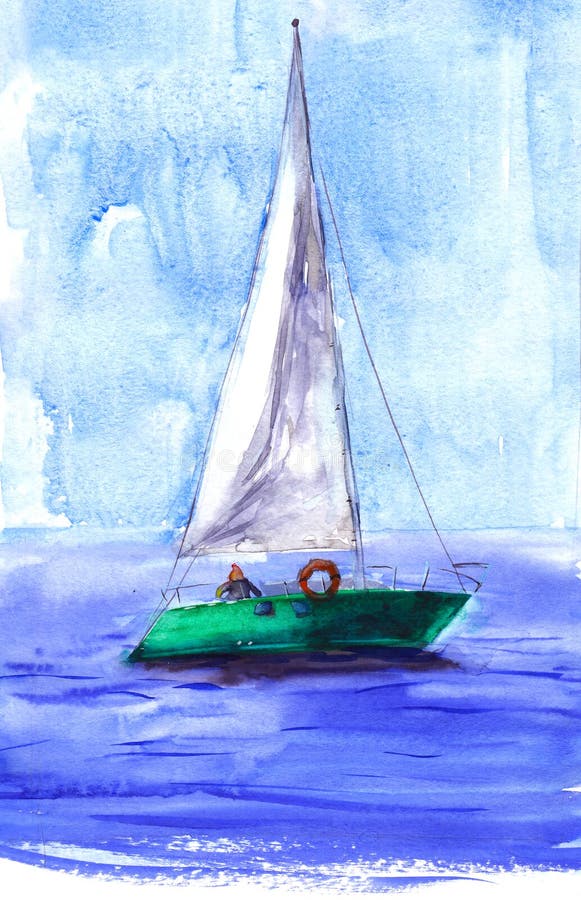 SMALL SAILBOAT Sailing Boating Art Bay Ink and Watercolor Painting Nautical Boat Ocean Drawn There Drawing