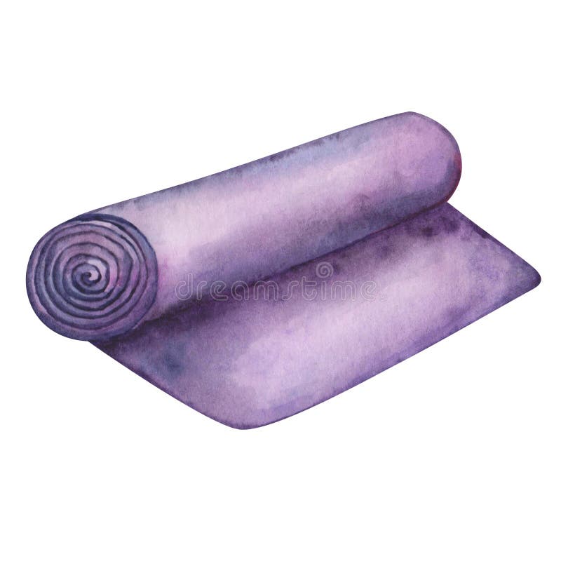 Watercolor illustration. Hand painted yoga mat in purple, blue, violet colors. Mat for fitness, work out, exercises. Sport vector illustration