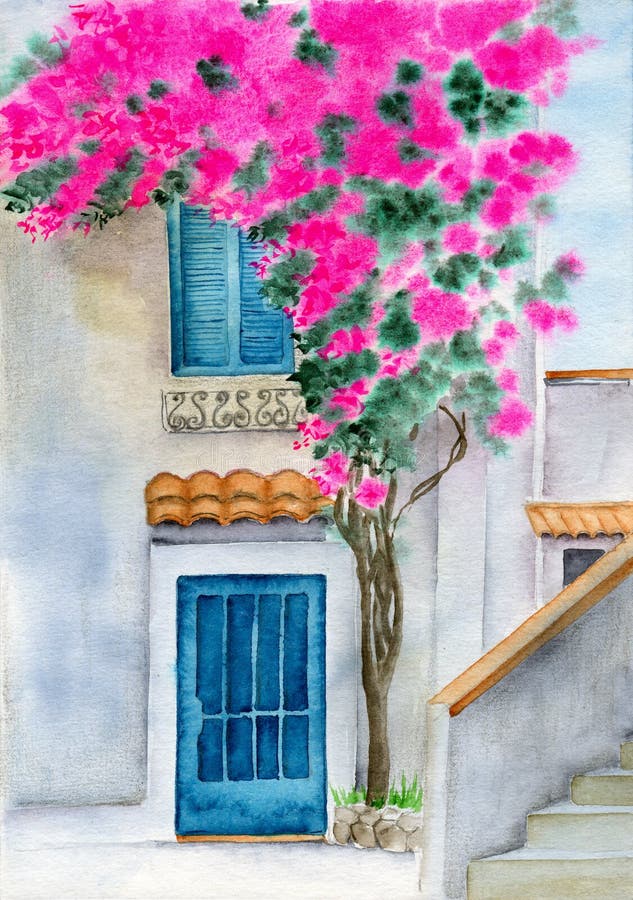 Watercolor illustration of a house facade with a turquoise door and window with shutters