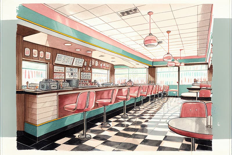 Watercolor Illustration of an Indoor Diner from the 1950s Era Stock ...