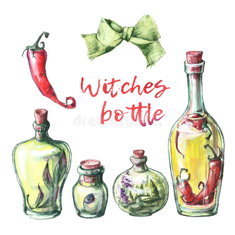 Watercolor illustration with magic bottle of poison. stock illustration Watercolor illustration with magic bottle of poison. stock illustration