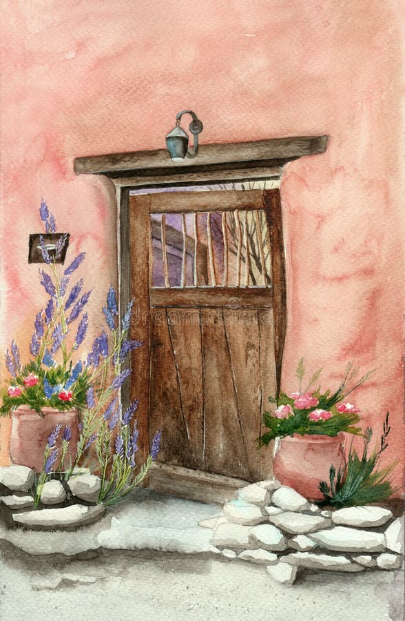 Watercolor illustration of   an old wood door