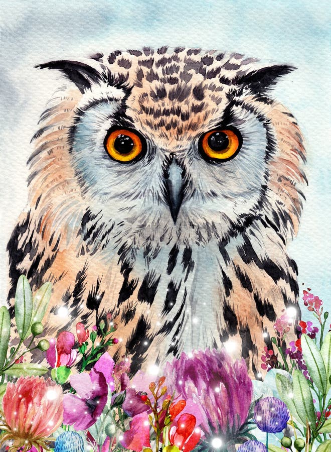 Watercolor illustration of an owl with spotted contrasting white and black feathers