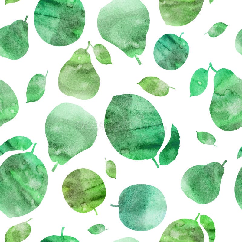 Watercolor illustration, pattern. Silhouettes of lime, pear, apple. Green watercolor texture. White background vector illustration