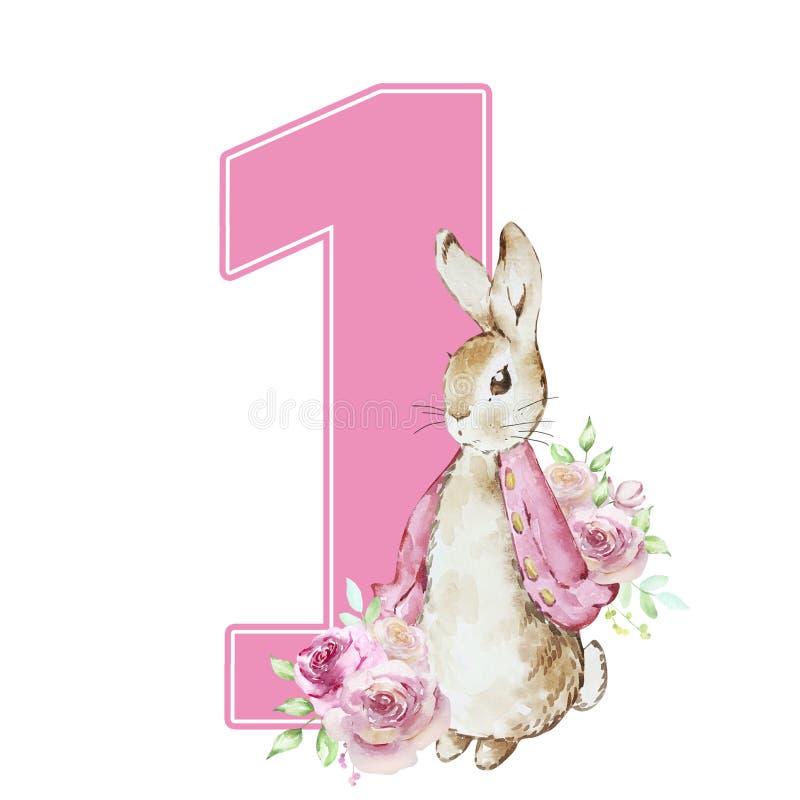 Watercolor Illustration Peter Rabbit First Birthday with Bouquet Stock ...