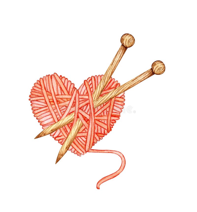 Watercolor illustration of a red skein of thread in the shape of a heart with knitting needles in it.