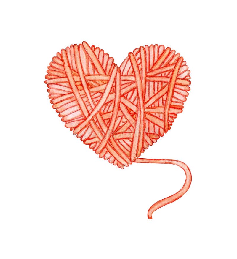 Watercolor illustration of a red skein of thread in the shape of a heart. Logo for knitters.