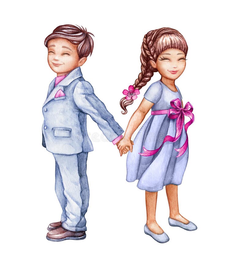 Watercolor Illustration Romantic Couple Cute Kids Best Friends Boy And Girl Holding Hands Wedding Card Children Clip Art Stock Illustration Illustration Of Children Clip