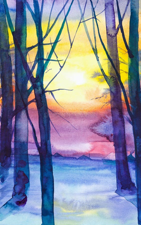 Watercolor illustration of a Russian village in a winter forest against the background of a sunset.