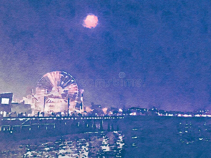 Watercolor illustration of Santa Monica Pier at night