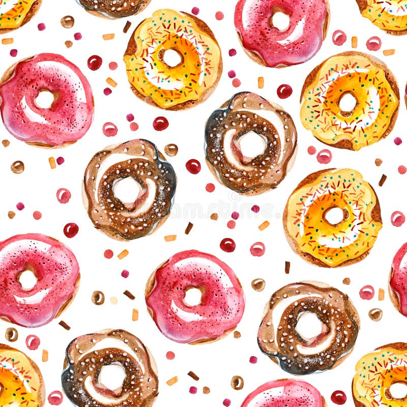 Watercolor illustration. Seamless pattern of colorful donut and stock photography