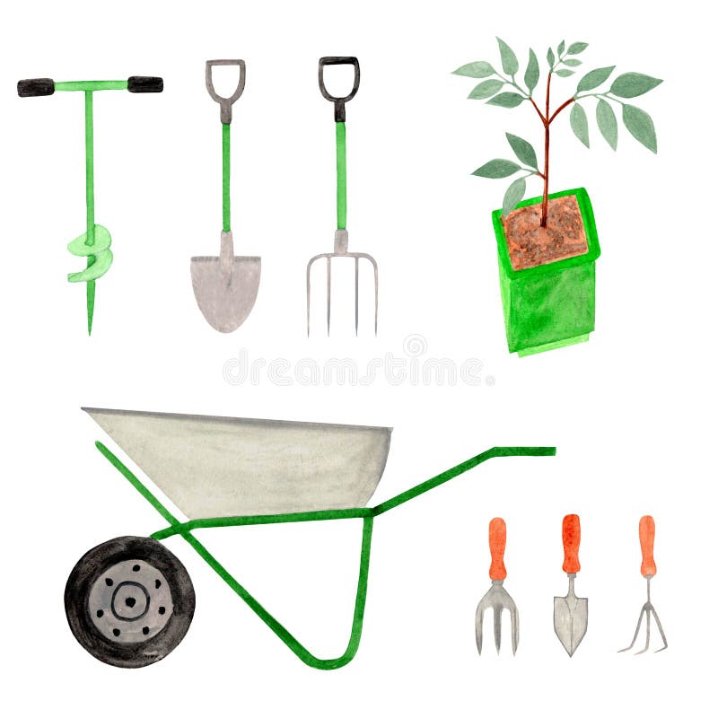 Watercolor Illustration Set of Garden Tools Shovel Fork with Blue ...