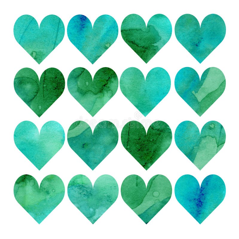Watercolor illustration, set. Heart shaped watercolor texture. Shades of green, blue, mint and turquoise royalty free illustration Watercolor illustration, set. Heart shaped watercolor texture. Shades of green, blue, mint and turquoise royalty free illustration