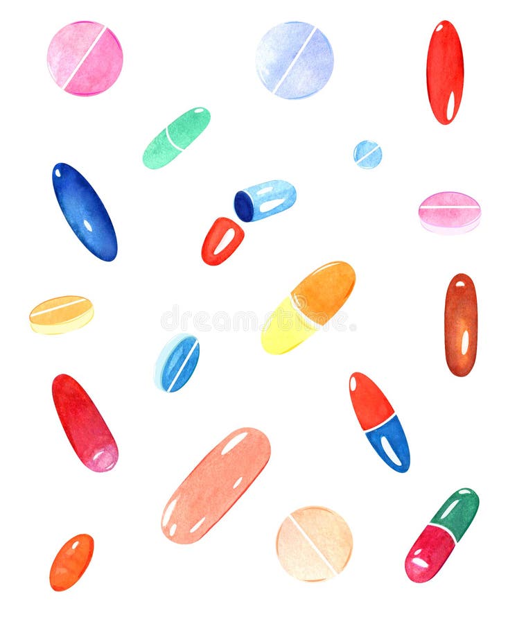 Watercolor illustration. Set of multicolor pills. Can be used as a seamless pattern, as single icons, also for stickers, packaging, wrapping paper, wallpaper stock image Watercolor illustration. Set of multicolor pills. Can be used as a seamless pattern, as single icons, also for stickers, packaging, wrapping paper, wallpaper stock image
