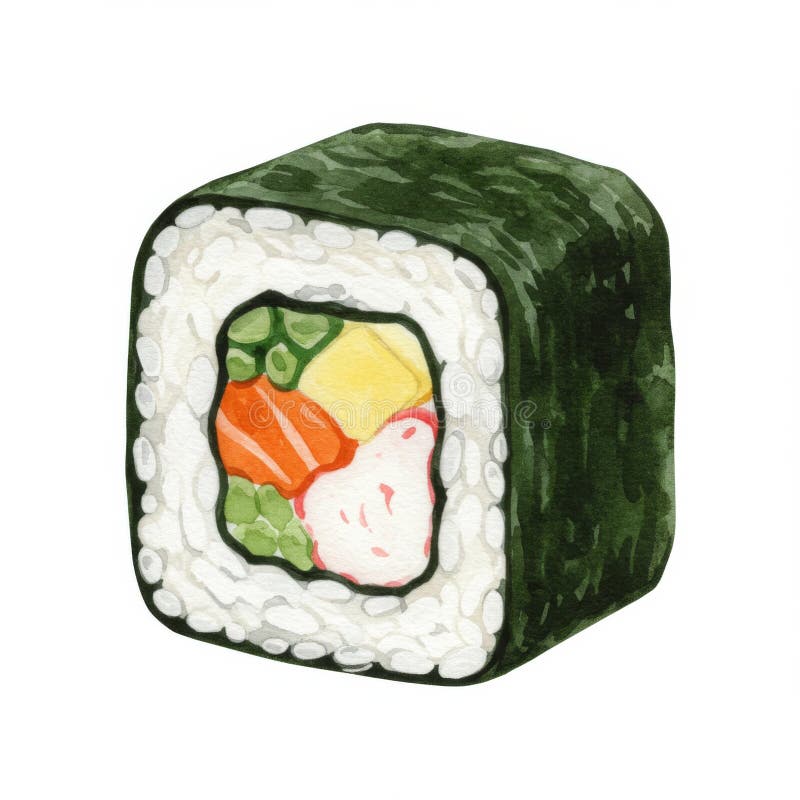Watercolor Illustration Of A Single Piece Of Sushi Roll vector illustration