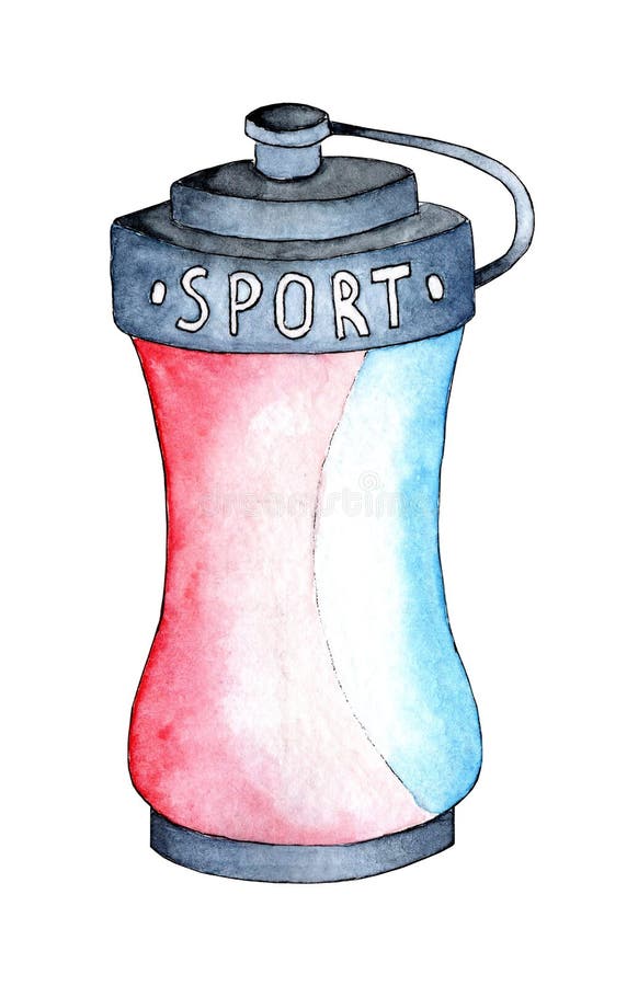 Watercolor illustration of a sports water bottle. A bun with a signature sporty design in pink and blue.