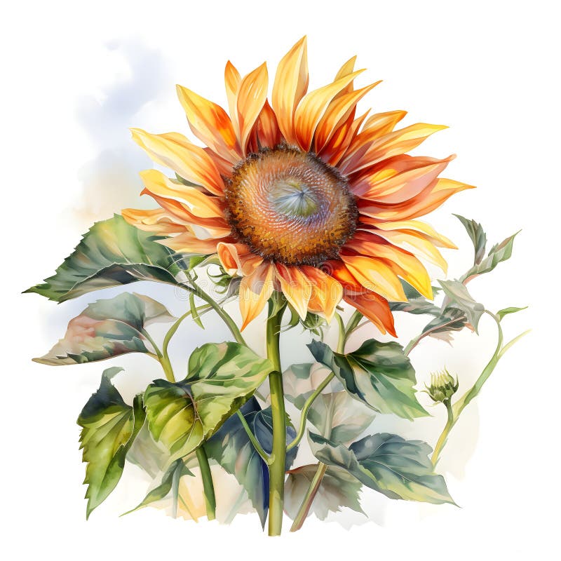 Watercolor illustration of sun flower, isolated on white background. Generative AI