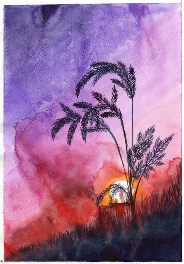 Watercolor illustration sunset evening ears spikes flowers violet purple red blue colors