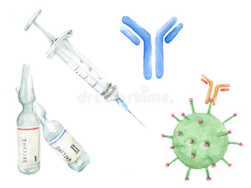 Watercolor illustration of vaccine, syringe for injection, antibody, antibody attacks the virus. Hand drawn medical