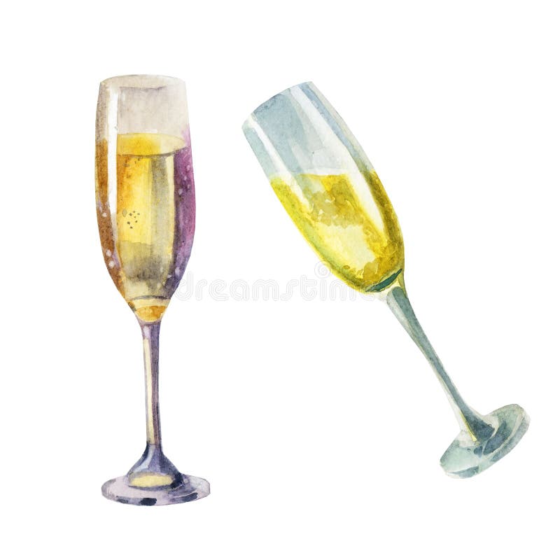 Watercolor illustration. Wine glasses, champagne glasses, sparkling wine