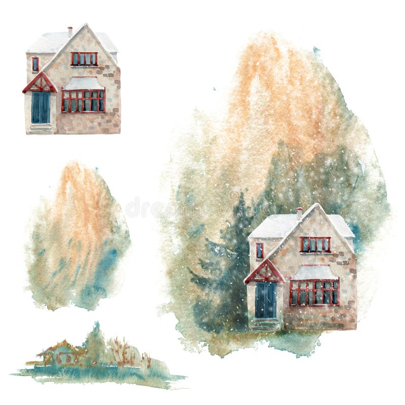 Watercolor illustration with winter house