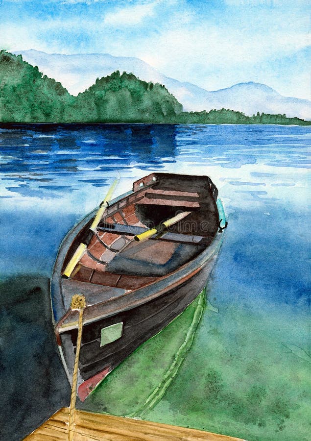 https://thumbs.dreamstime.com/b/watercolor-illustration-wooden-fishing-boat-oars-wooden-pier-distant-green-shore-background-238791027.jpg